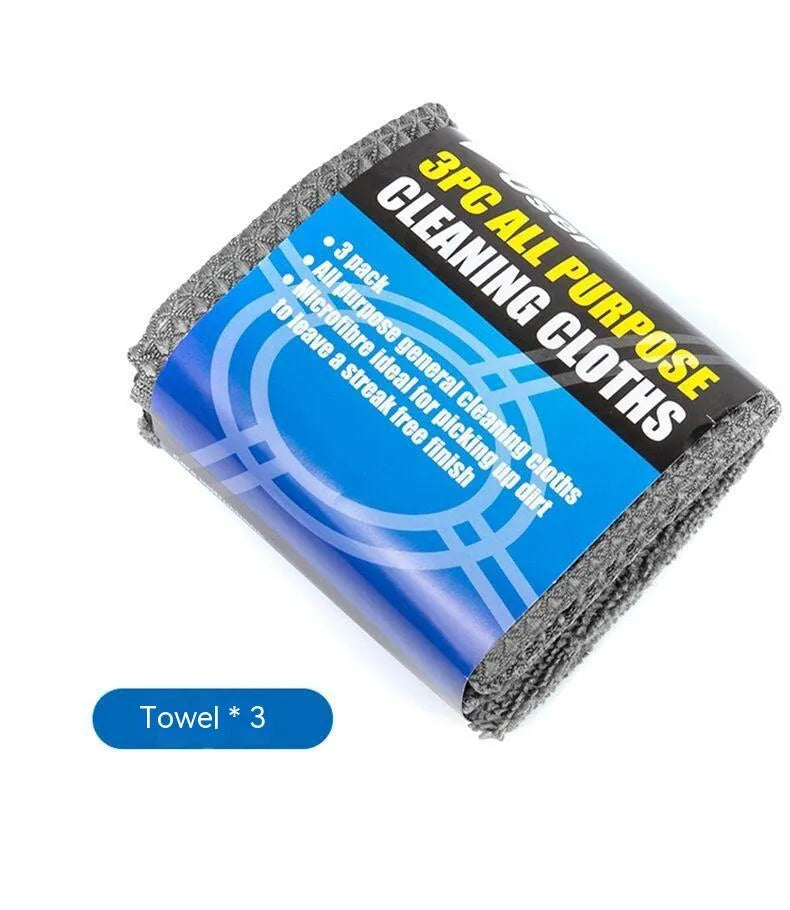 All-grey nine-piece car wash set showing microfiber towels, sponge, gloves, tyre brush, and waxing wipes.