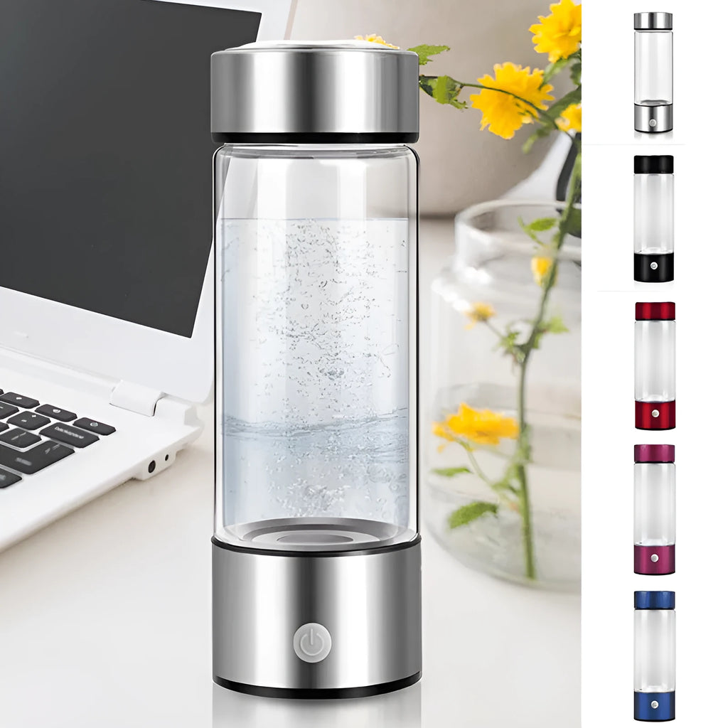 Electric hydrogen water generator bottle in borosilicate glass with portable rechargeable design