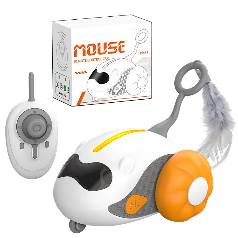 Orange remote control cat teaser car with feather attachment and wireless controller