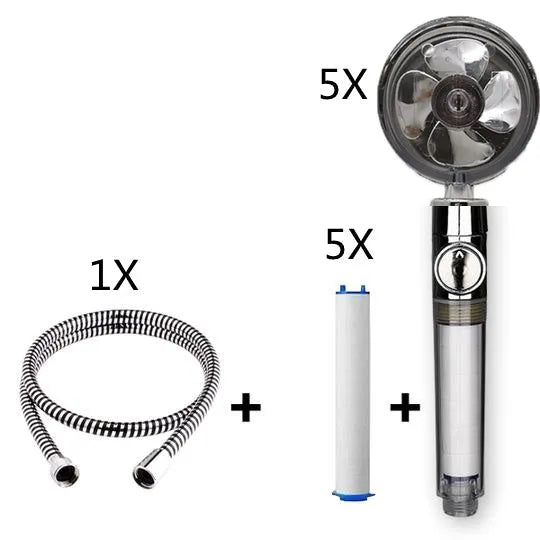Blue handheld shower head with stop button and turbo nozzle on a chrome bracket.