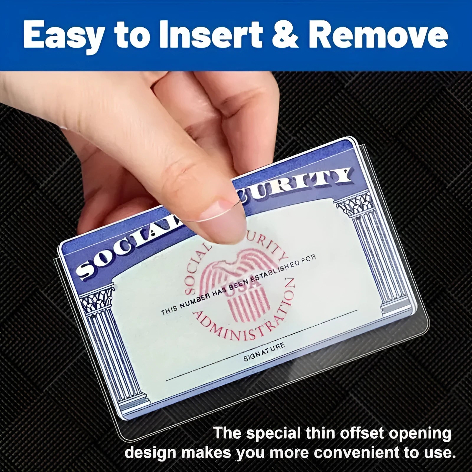Clear transparent PVC ID card holder for social security card, shown with dimensions 9.7cm by 5.9cm.