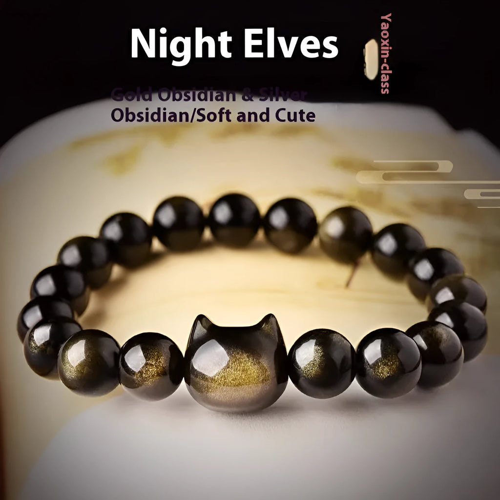 Obsidian cat head bracelet with natural stone beads and gold or silver style charm