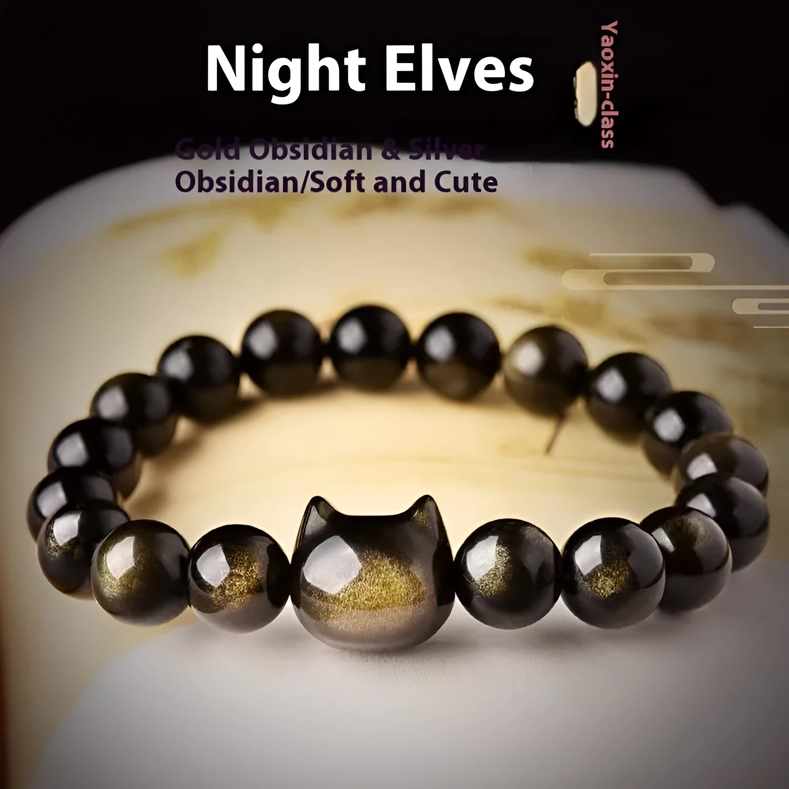 Obsidian cat head bracelet with natural stone beads and gold or silver style charm