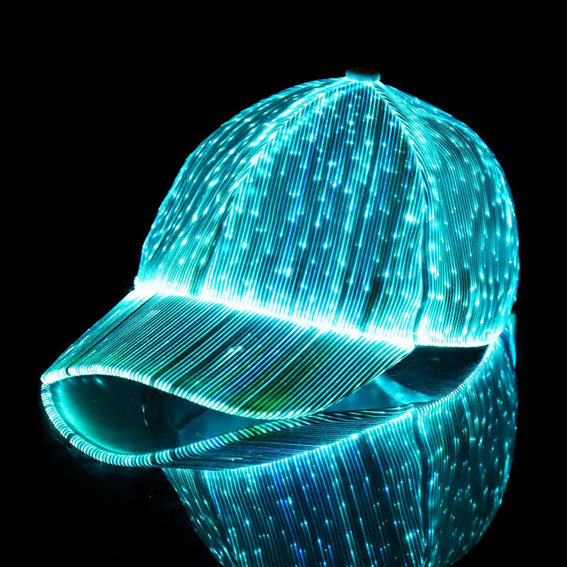 Luminous baseball cap with optical fiber fabric, dome crown, black colour, side view showing light glow