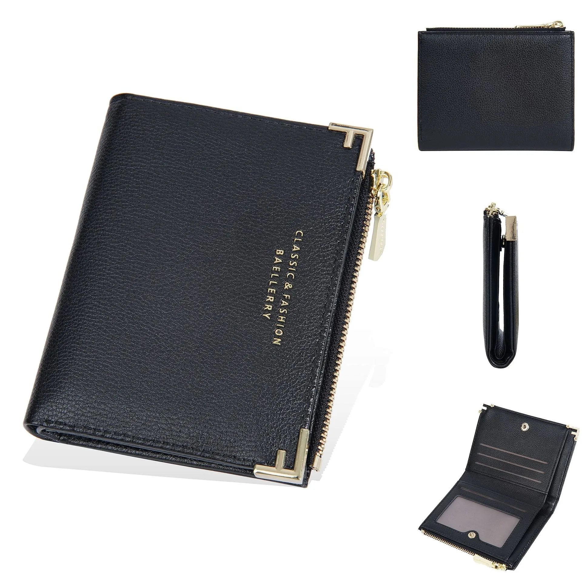PU leather women's wallet open to show multiple card slots and a zippered coin compartment.
