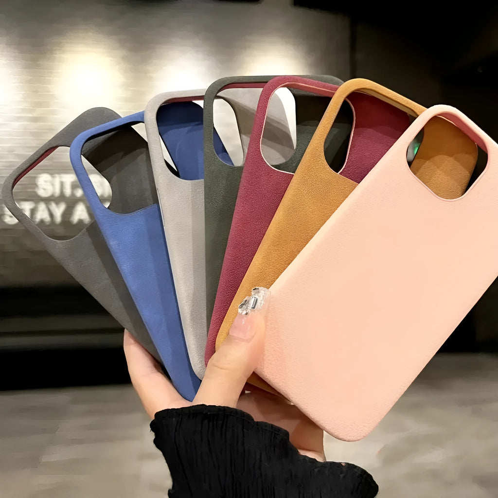 Frosted imitation leather half-pack phone case in a solid colour on an iPhone.