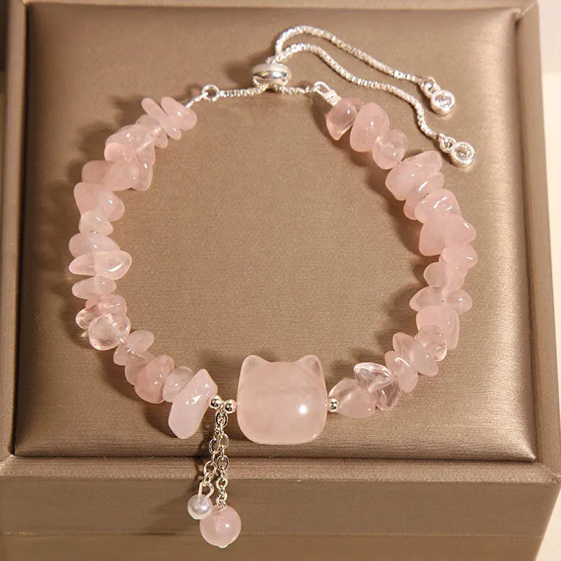 Crystal gravel kitten bracelet for women in pink crystal stone beads, light luxury style