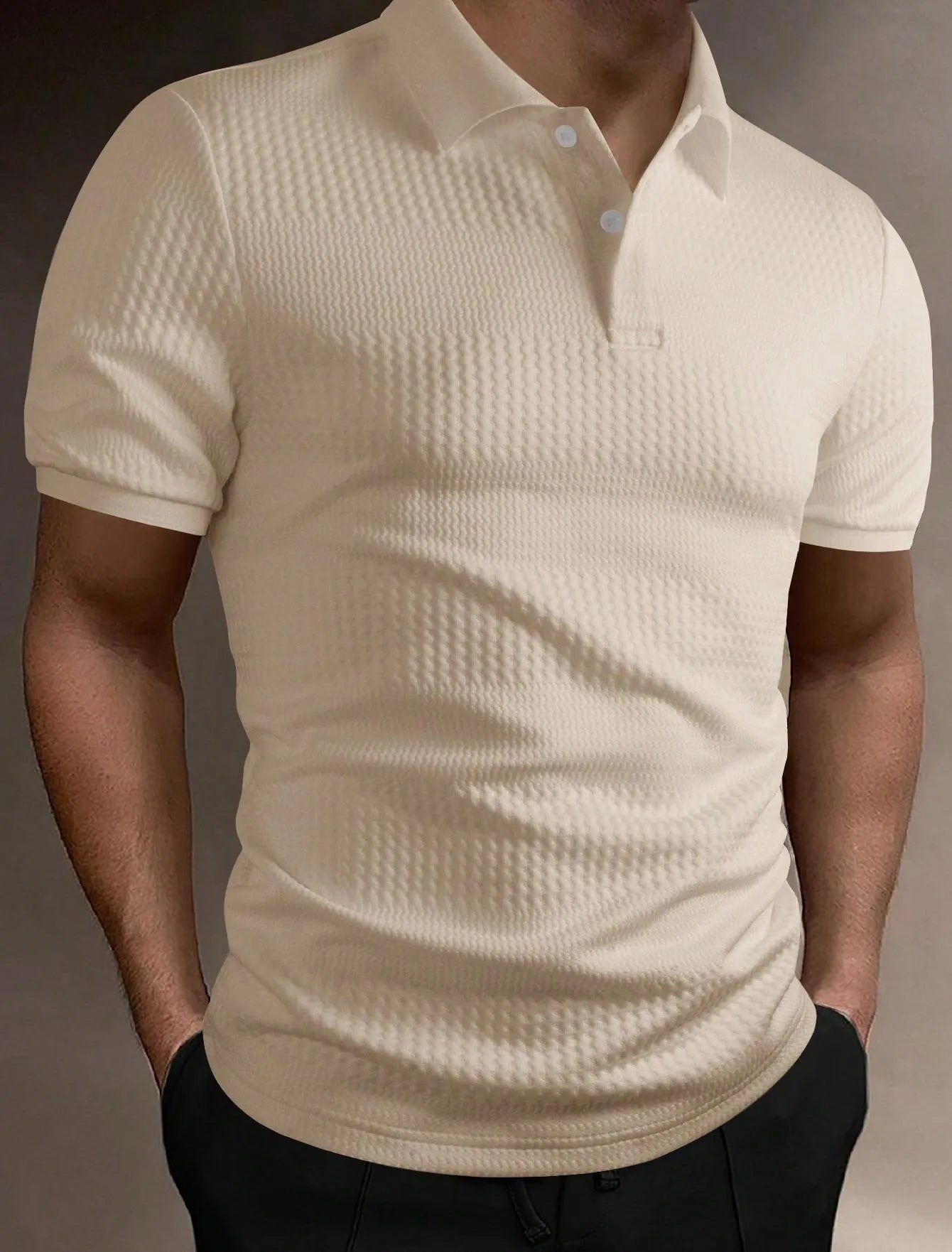 Men's striped loose fit polo shirt in light blue with asymmetric detail and short sleeves