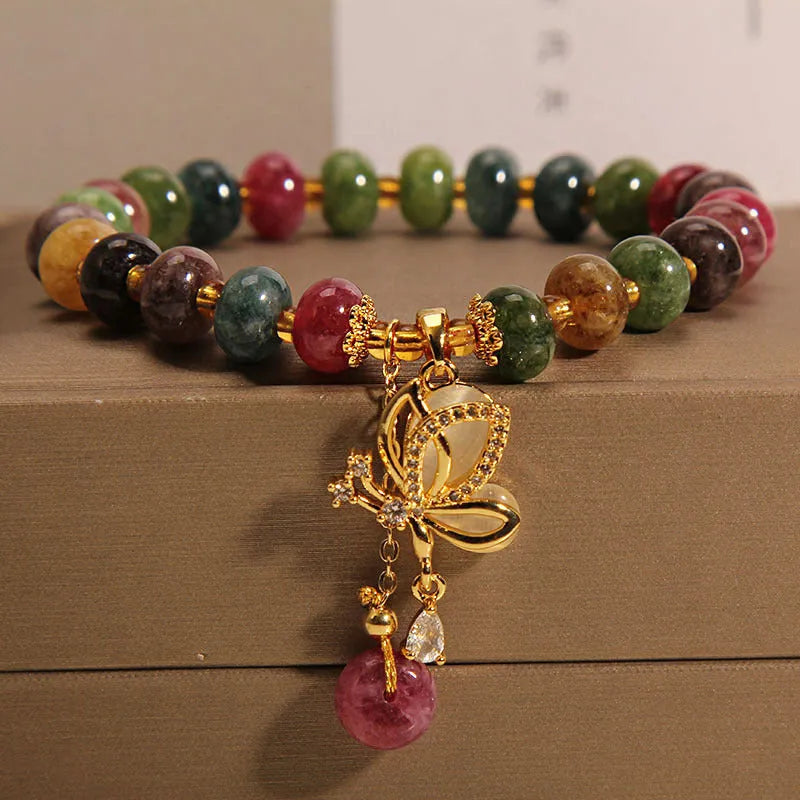 Women's colourful butterfly charm bracelet with alloy and tourmaline beads