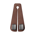 Alloy car seat hook storage bag in black suede fabric shown flipped open and closed on car headrest