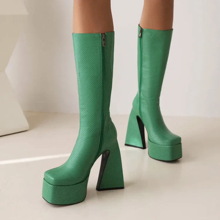 Women's black high boot made of artificial PU leather, shown from the side.