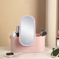Pink gradient LED makeup mirror storage box with USB charging port