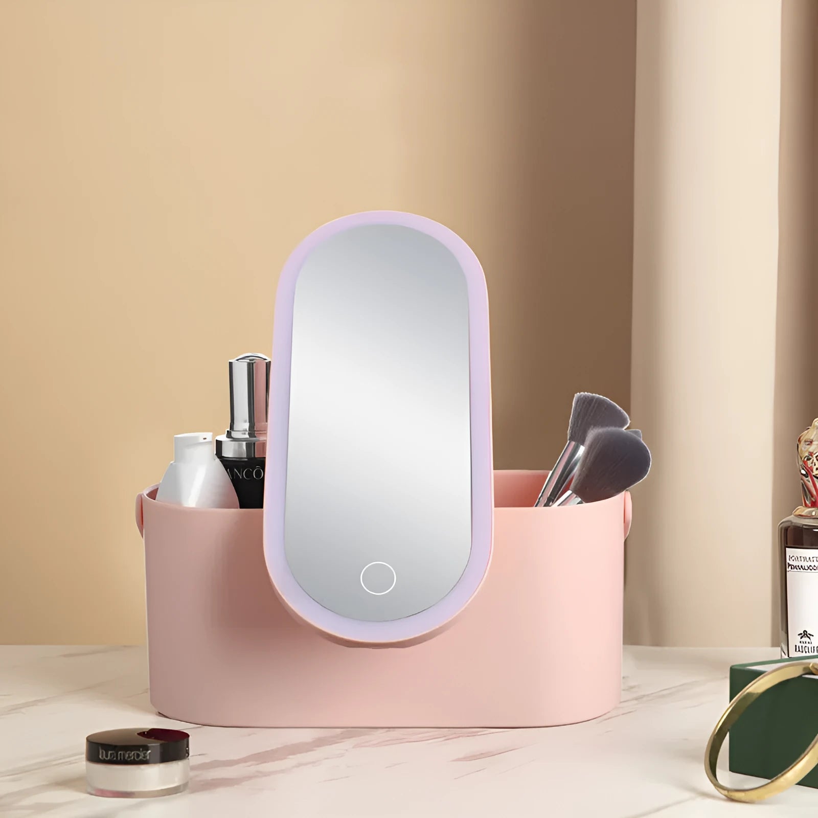 Pink gradient LED makeup mirror storage box with USB charging port