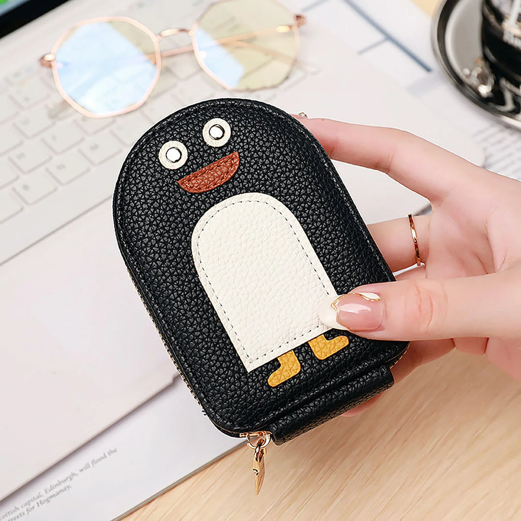 Lychee pattern penguin expanding card holder in black PU leather with rivet details 12x7.5x3cm