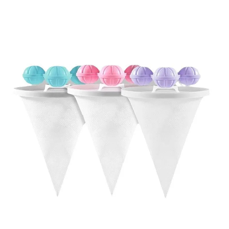 Three reusable pink blue purple washing machine hair filter mesh bags for pet lint removal