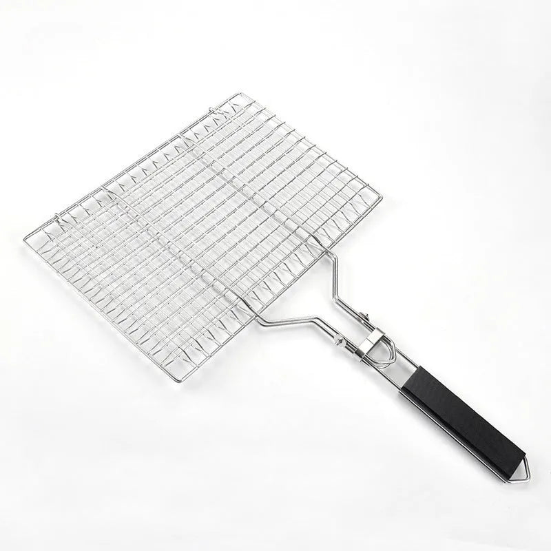 Square folding stainless steel barbecue mesh basket with a cleaning brush.