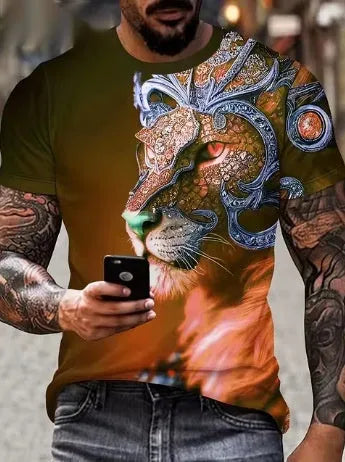 Men's fierce lion 3D printed T-shirt in polyester fabric with extended sizing options