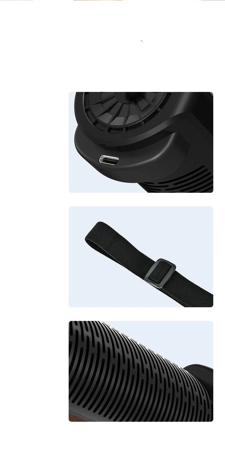 Black car mounted bladeless ventilation fan showing USB power connection and control buttons