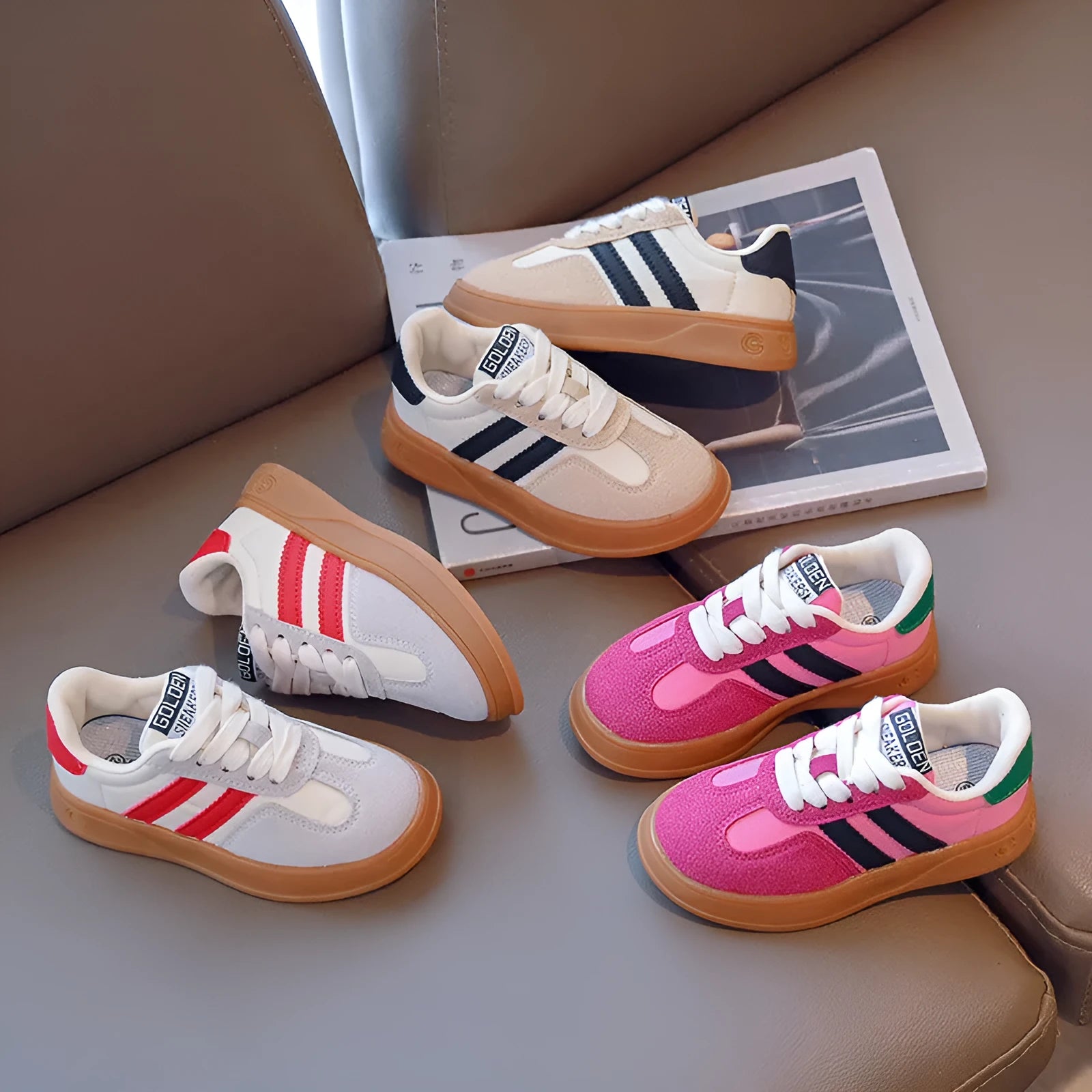 Boys' casual sneakers in artificial PU with rubber sole, lace-up fastening, available in black red rose red