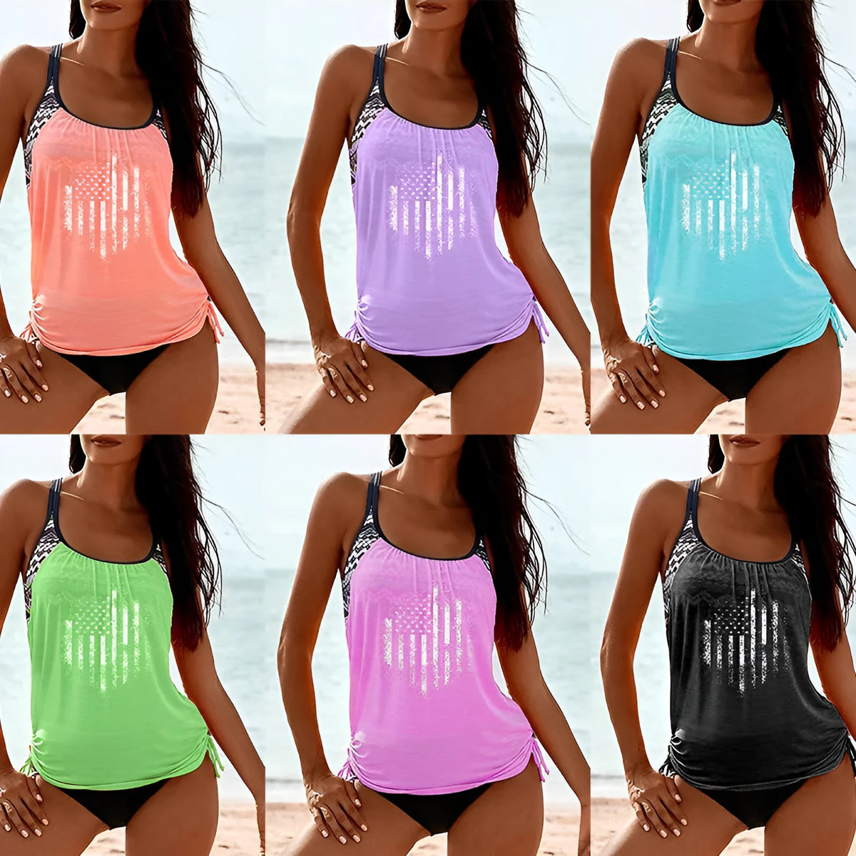 Loose drawstring split tankini swimsuit set for women – high elasticity polyester fibre lining, six colour options, S-2XL sizes