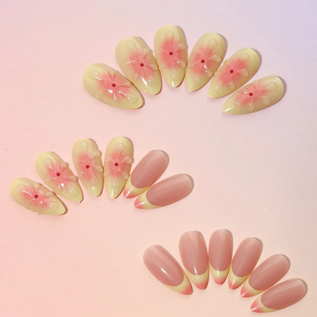 Plastic false nails wearable armour with 3D cartoon flower decoration, jelly glue, and filing strip