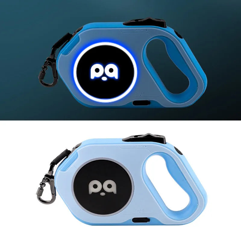 LED retractable dog leash 5m USB rechargeable in sky blue with ABS TPU PC silicone housing
