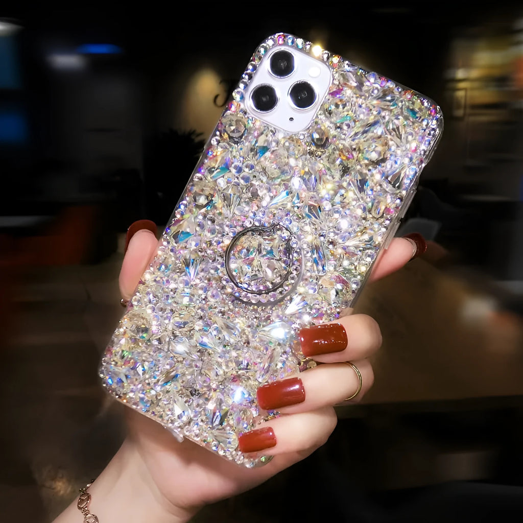 Clear acrylic Samsung phone case with colourful diamond decoration on a transparent bracket