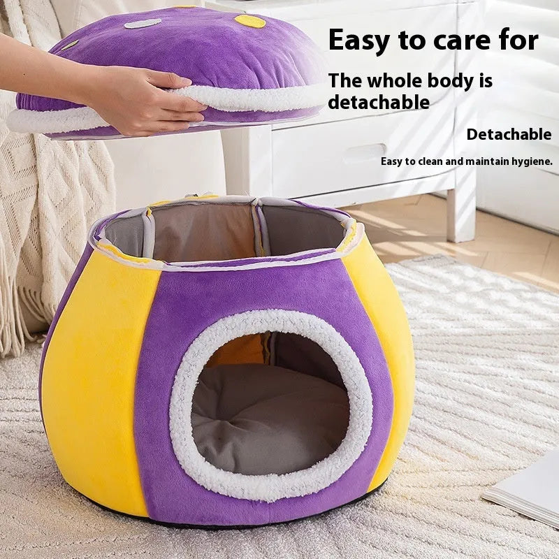 Grey mushroom-shaped plush cat bed with high walls and a detachable thermal blanket inside.