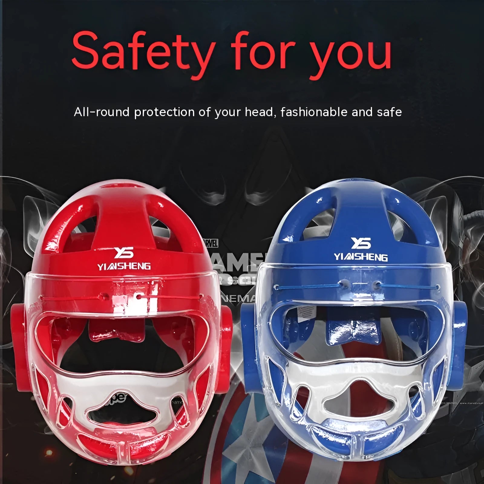 Karate boxing helmet for head protection, shown in white, blue, and red colour options.