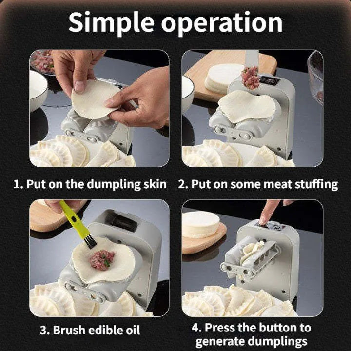 White electric dumpling maker machine with USB charging cable and accessories