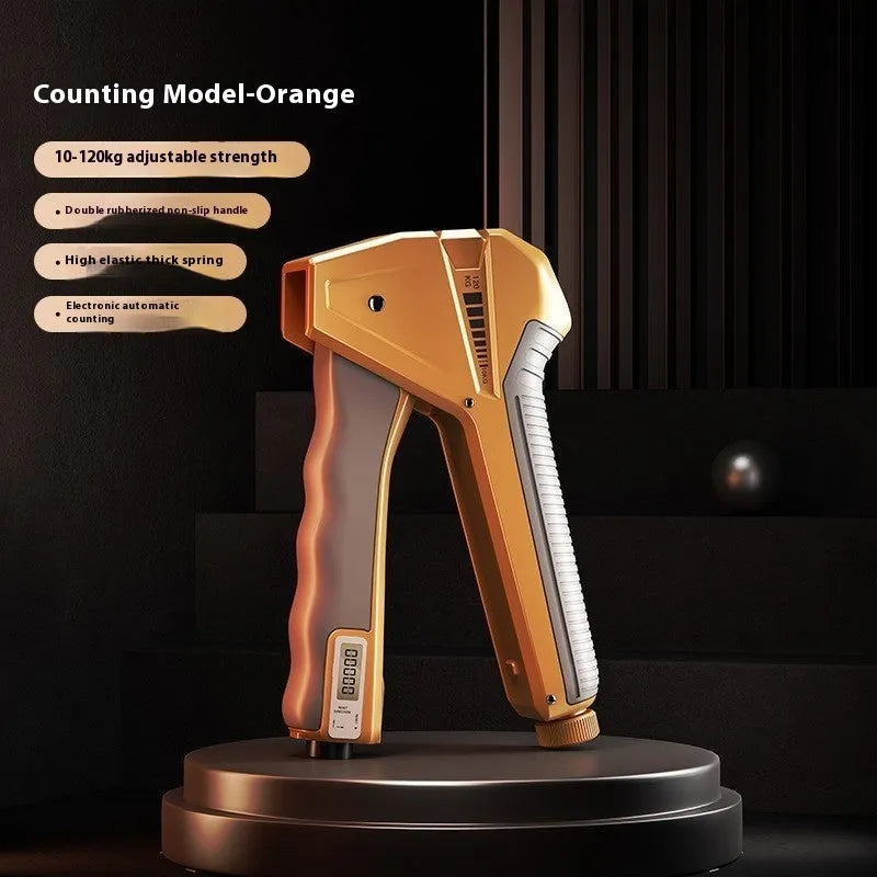 Adjustable PP plastic hand grip strengthener showing spring mechanism and available colour variants.