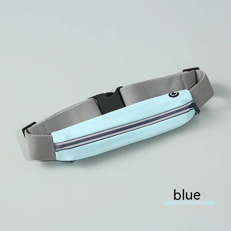 Waterproof nylon outdoor sports waist bag in black worn by runner, ultra-thin design