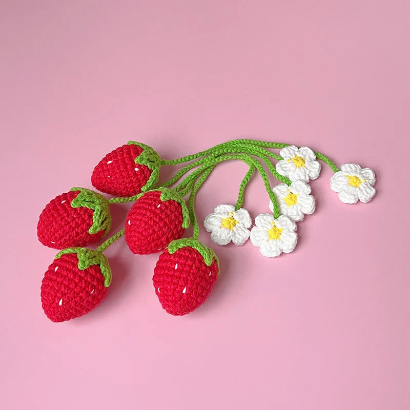 Wool crochet woven strawberry pendant on 35cm cord in pink and red colour options