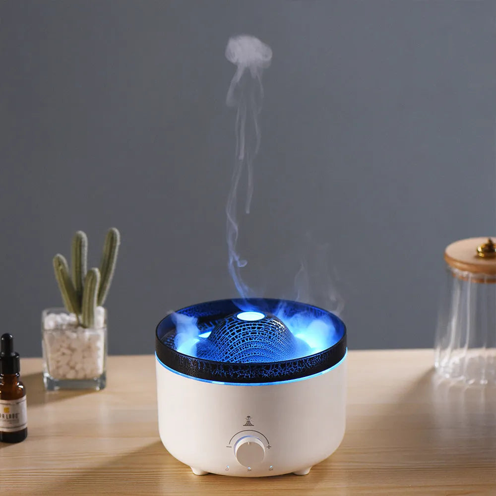 White columnar volcanic humidifier with simulated flame lighting and remote control