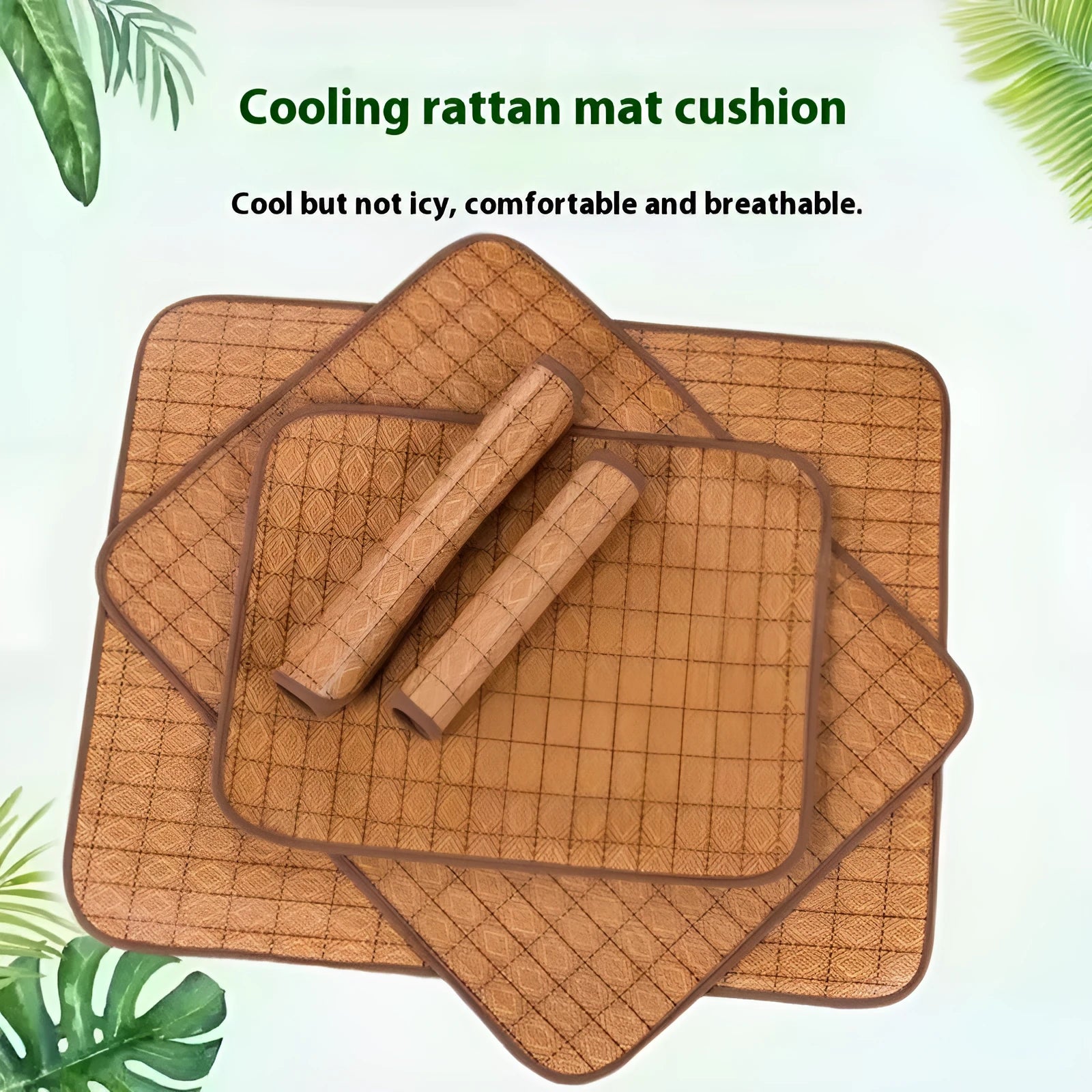 Brown woven rattan fibre dog cooling mat shown on a floor, available in multiple sizes.