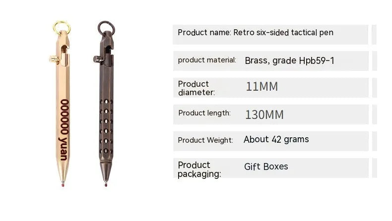 Solid brass hexagonal bolt roller pen with a 0.5mm tip shown in natural brass colour.