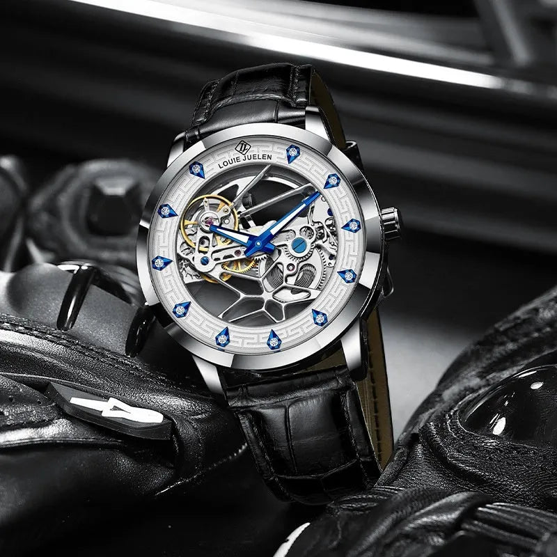 Men's silver stainless steel waterproof mechanical watch with luminous hands on a black genuine leather strap.