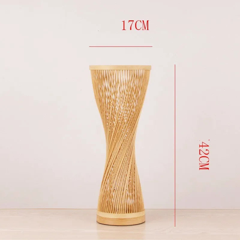 Creative Japanese bedside lamp with hand-woven bamboo shade, 17cm diameter, 40cm height, on a wooden table