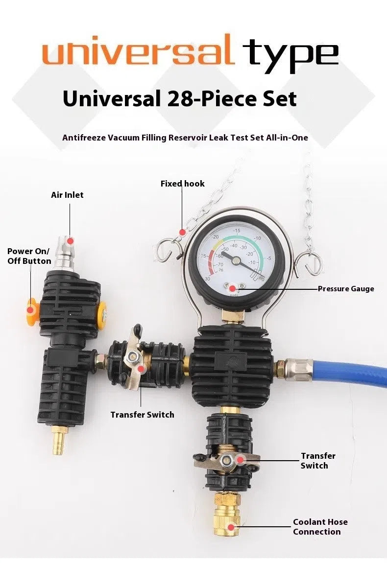 28-piece car water tank pressure leak detector set in a small blue box for car maintenance