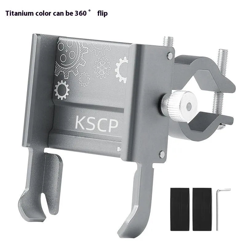 Aluminium alloy mobile phone holder mounted on bicycle handlebars showing black finish option