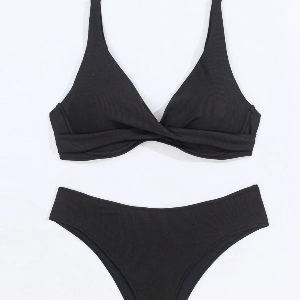 Women's solid colour rib fabric two-piece bikini set on a white background.