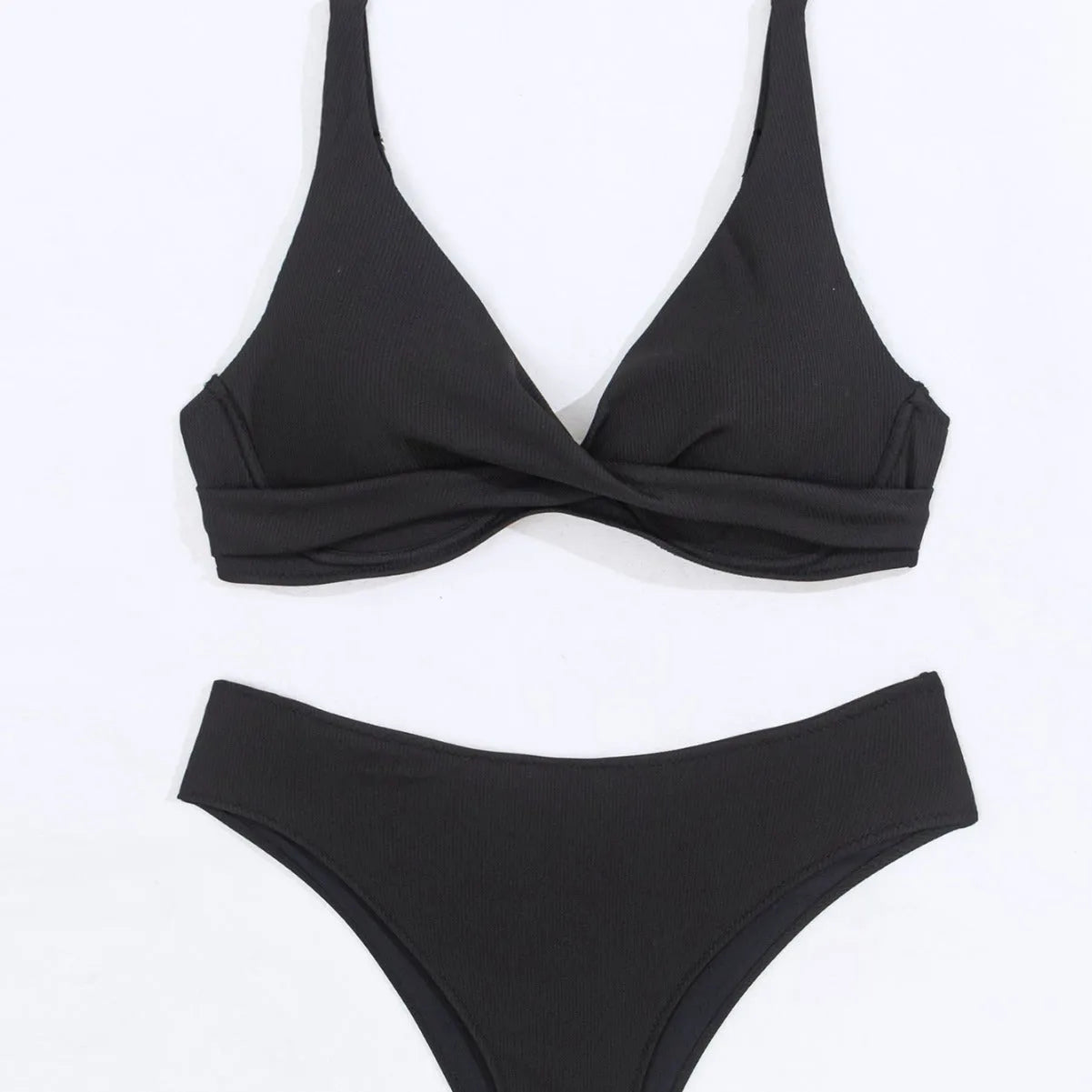Women's solid colour rib fabric two-piece bikini set on a white background.