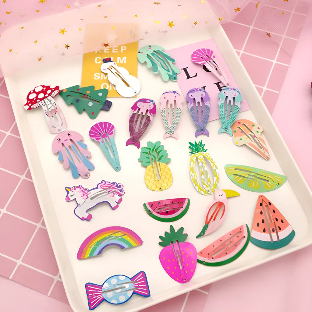 Children's metal barrette hair clip with colourful baked varnish print design