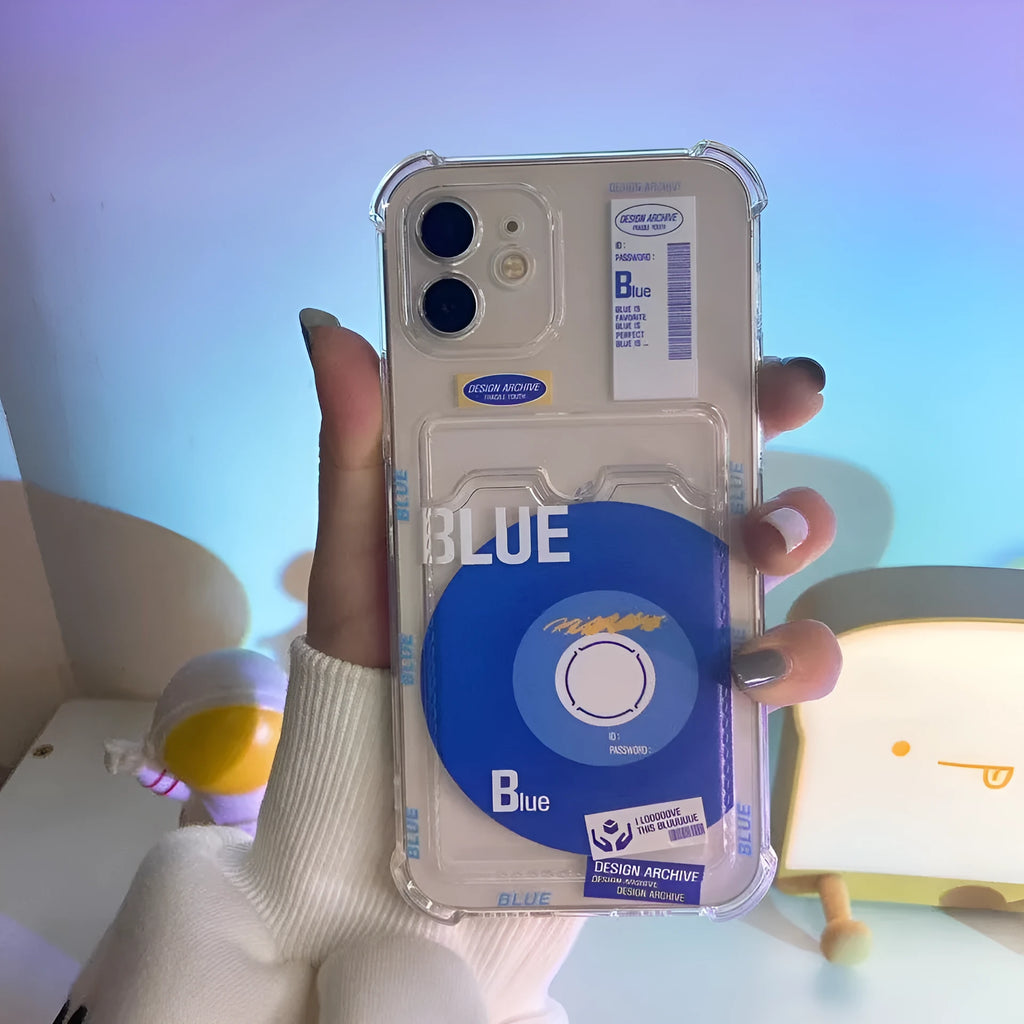 Klein Blue Record transparent card sleeve phone case for iPhone on a white background
