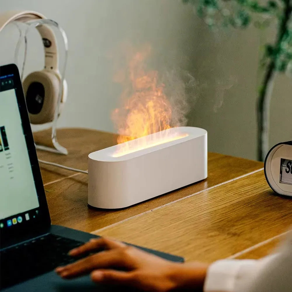 Square desktop aroma diffuser and humidifier with creative lava colourful flame lighting effect.