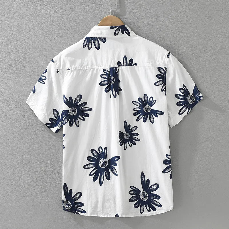 Japanese trendy printed short sleeve shirt in loose cardigan style showing white and apricot colour options