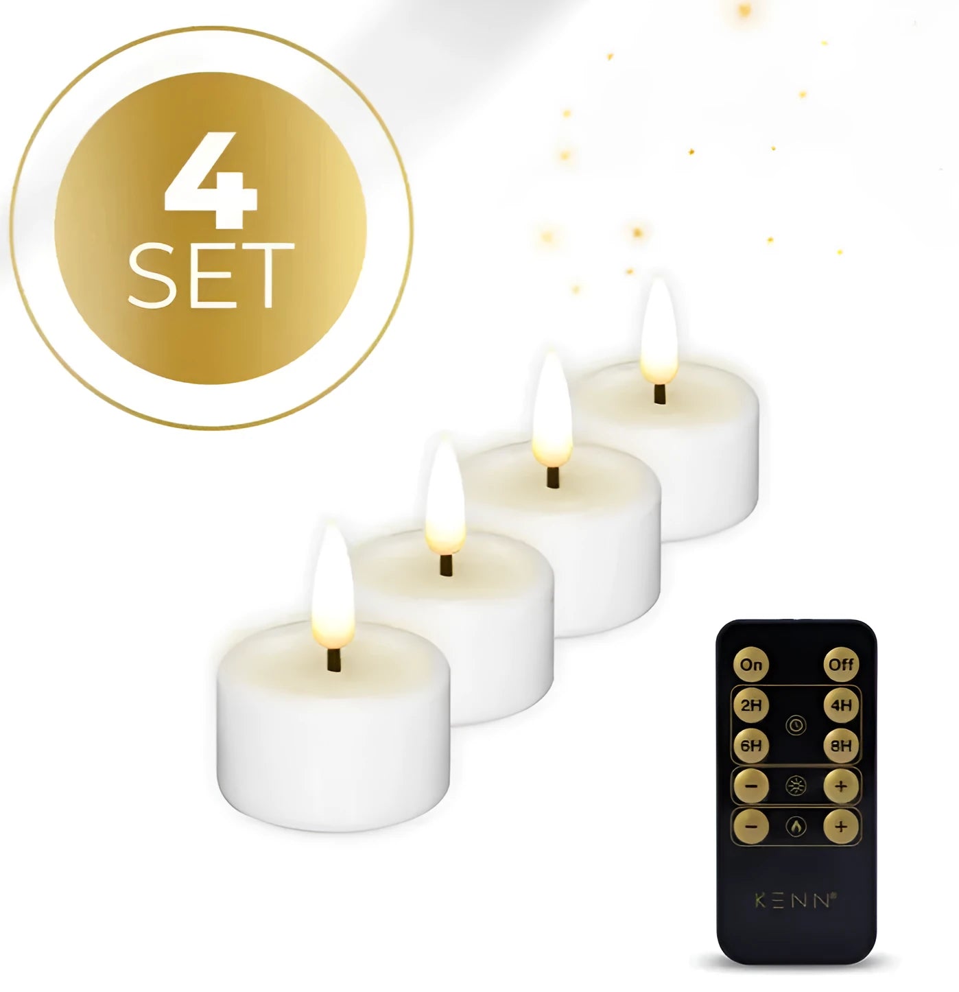 Set of four white S4 LED tealight candles showing realistic flickering flame effect.