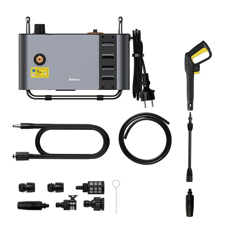 Grey F1 Car Pressure Washer with 10-metre outlet pipe and foam pot on a clean driveway