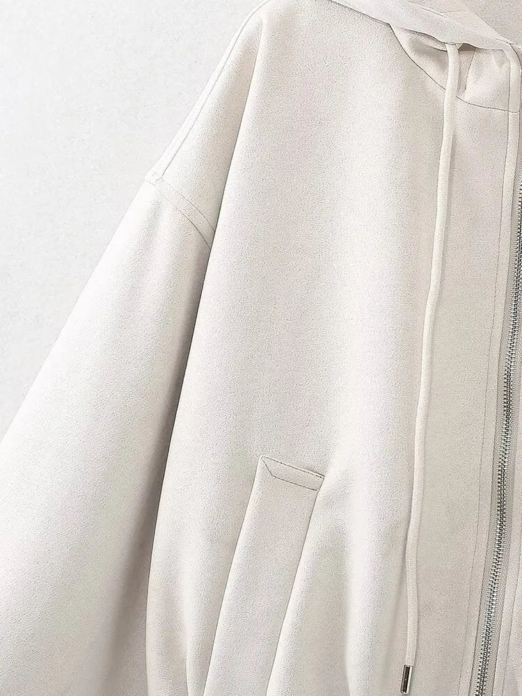 Women's white suede hooded casual jacket on a hanger