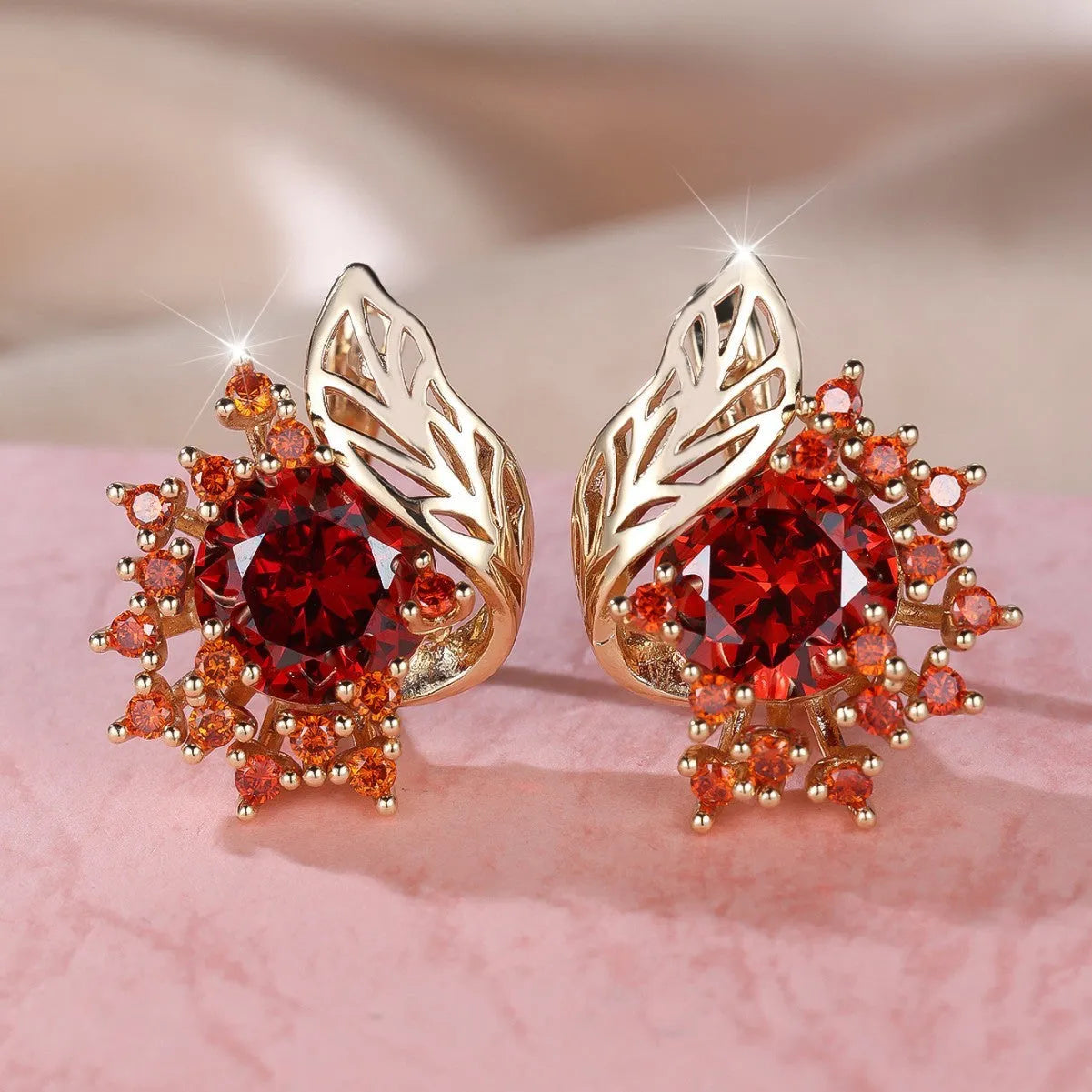 Round flower feather zircon earrings with rose gold electroplated finish and diamond accents